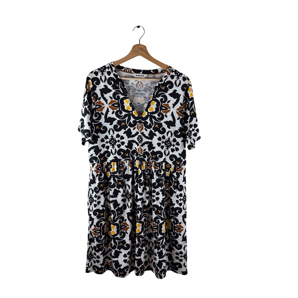 Boden Black Easy Notch Neck Jersey Dress Floral 100% Cotton Size 14 - Picture 4 of 9